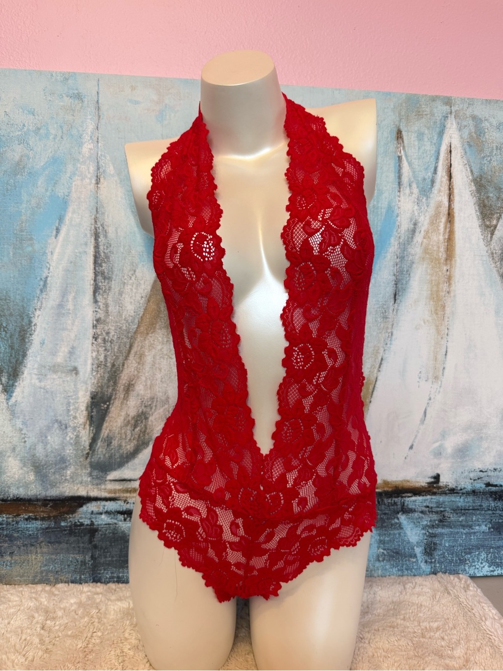 Adore Me Kaye Red Lace Halter Plunge Teddy Bodysuit